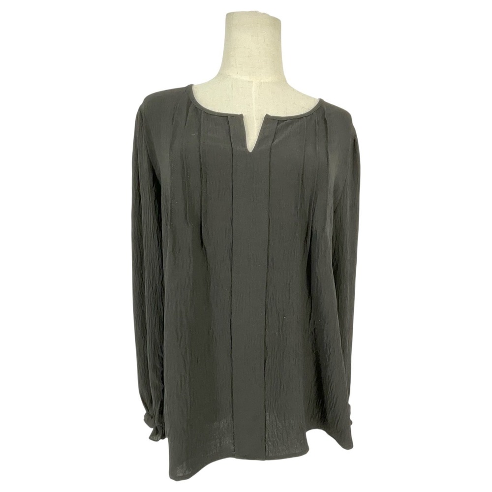 B‎ Long Sleeve Textured Crinkle Blouse Black Pleated Split Neck Ruffle Cuff L